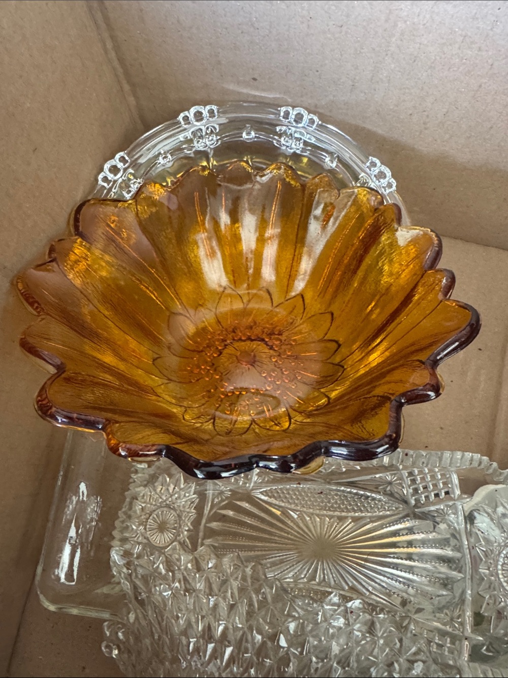 Amber Glass Flower Bowl - Decorative Home Art